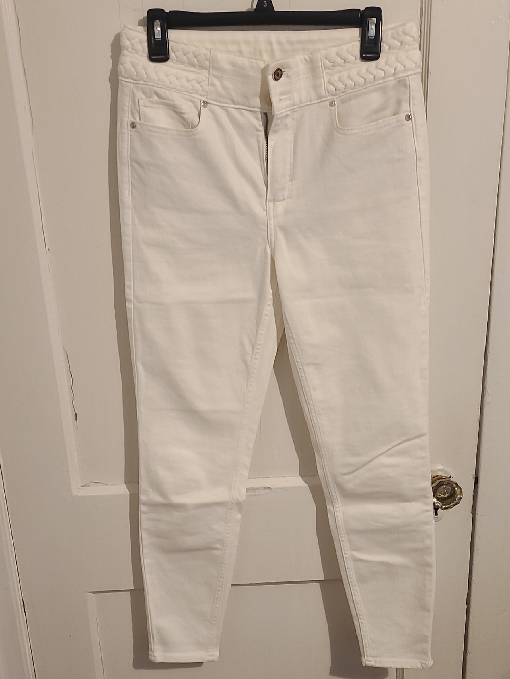 White House Black Market Cream Skinny Jeans with Braided Waistband